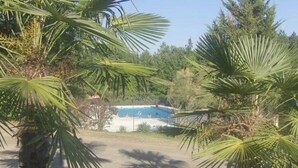 Ett poolområde omgivet av palmer.