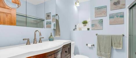 Hair dryer, towels, soap, shampoo