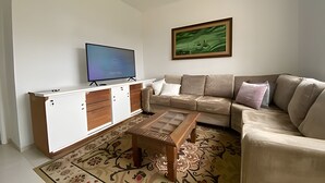 Uma sala de estar com televisão de tela plana, um sofá bege, um tapete estampado e um quadro na parede.