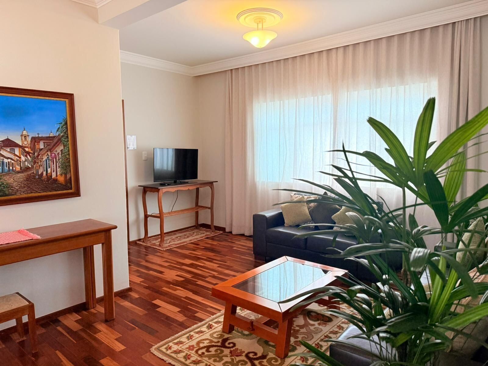 A living room with a television on a wooden stand, a sofa, a coffee table, and a large potted plant.