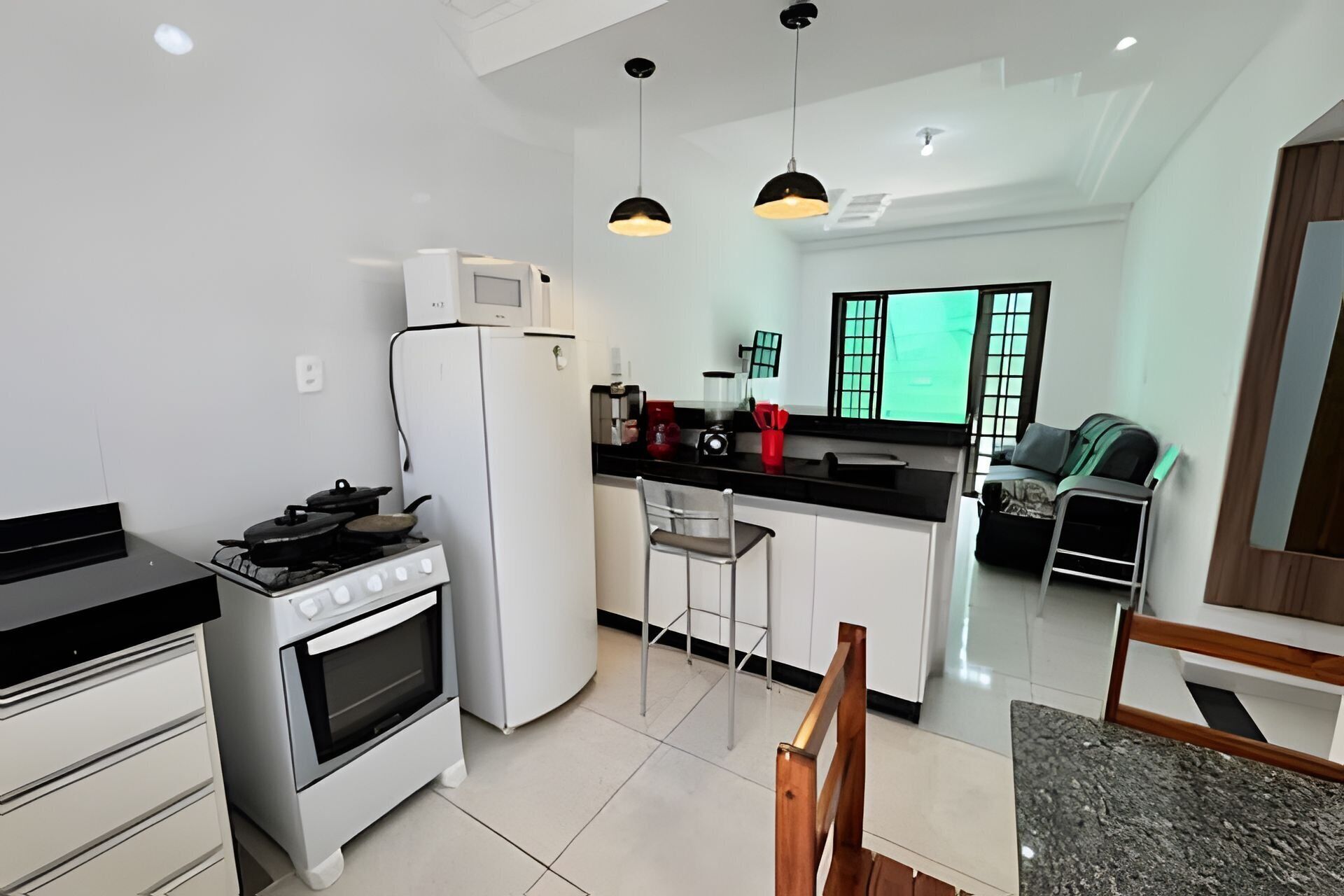 Fridge, microwave, oven, cookware/dishes/utensils