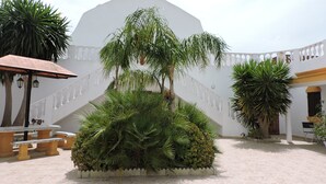 A courtyard with a white building, a palm tree, and a tiled floor. - Country House 'La Hacienda Campo De Borja' with Private Pool, Wi-Fi & Air Conditioning (Conil de la Frontera)