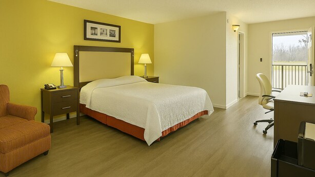 Habitación de hotel con cama, lámparas de noche, escritorio, silla, un pequeño sofá y un cuadro en la pared.