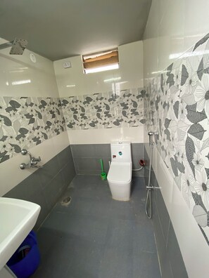 Hair dryer, towels, soap, toilet paper