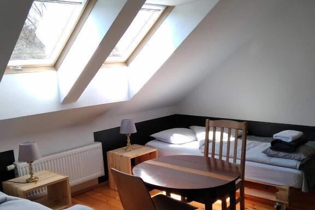 A room with a sloped ceiling, skylights, a bed, a desk, a chair, and a radiator.