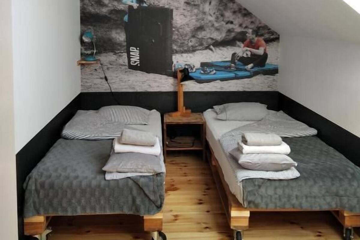 A small, modern room with two single beds, a skylight, and a mural on the sloped ceiling.