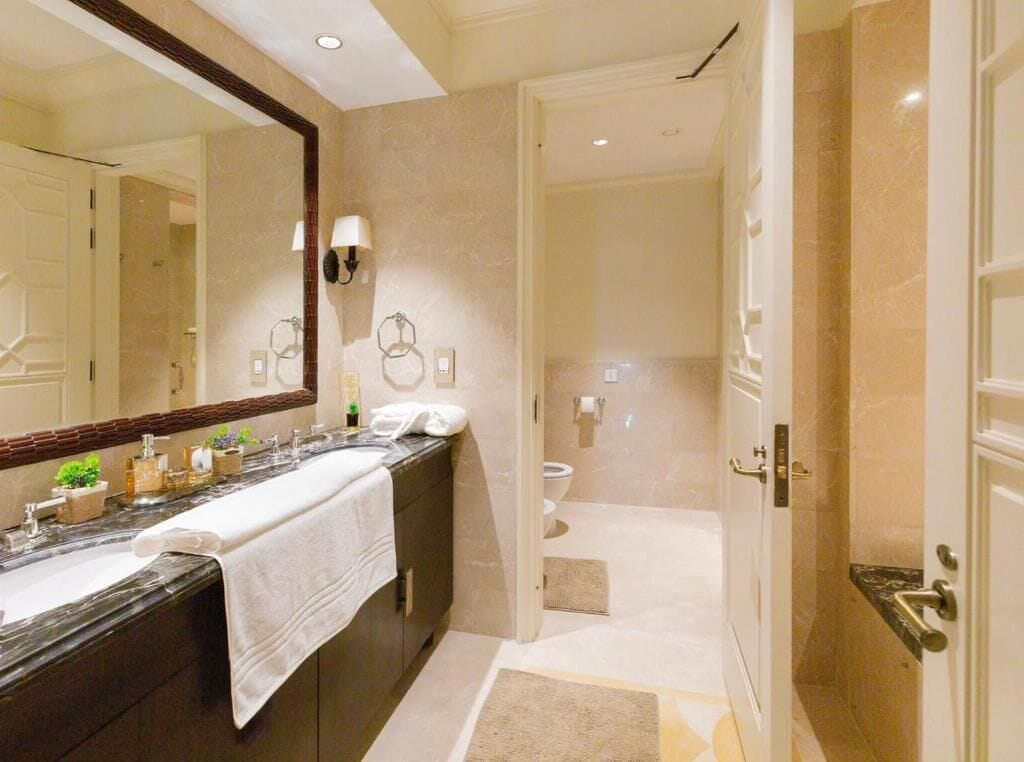 Hair dryer, bidet, towels, soap