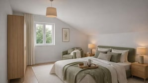 A bedroom with a bed, bedside tables, a window, a wardrobe, and a hanging light fixture. - Prime Shoreditch – 2 Bed Central Apartment (London)