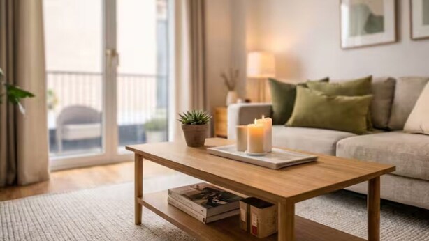 A living room with a wooden coffee table, a sofa, a lamp, and a window with curtains. - Prime Shoreditch – 2 Bed Central Apartment (London)