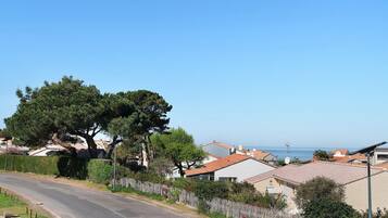 A residential street with houses, a large tree, and a clear blue sky.