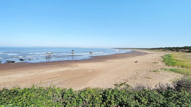 Une plage avec un poste de surveillance pour les sauveteurs, un rivage sablonneux et de la végétation.
