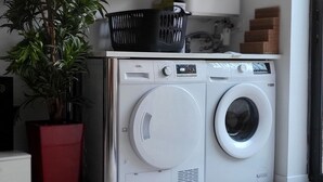 Un espacio habitable pequeño con lavadora, una planta en maceta y una jardinera roja.
