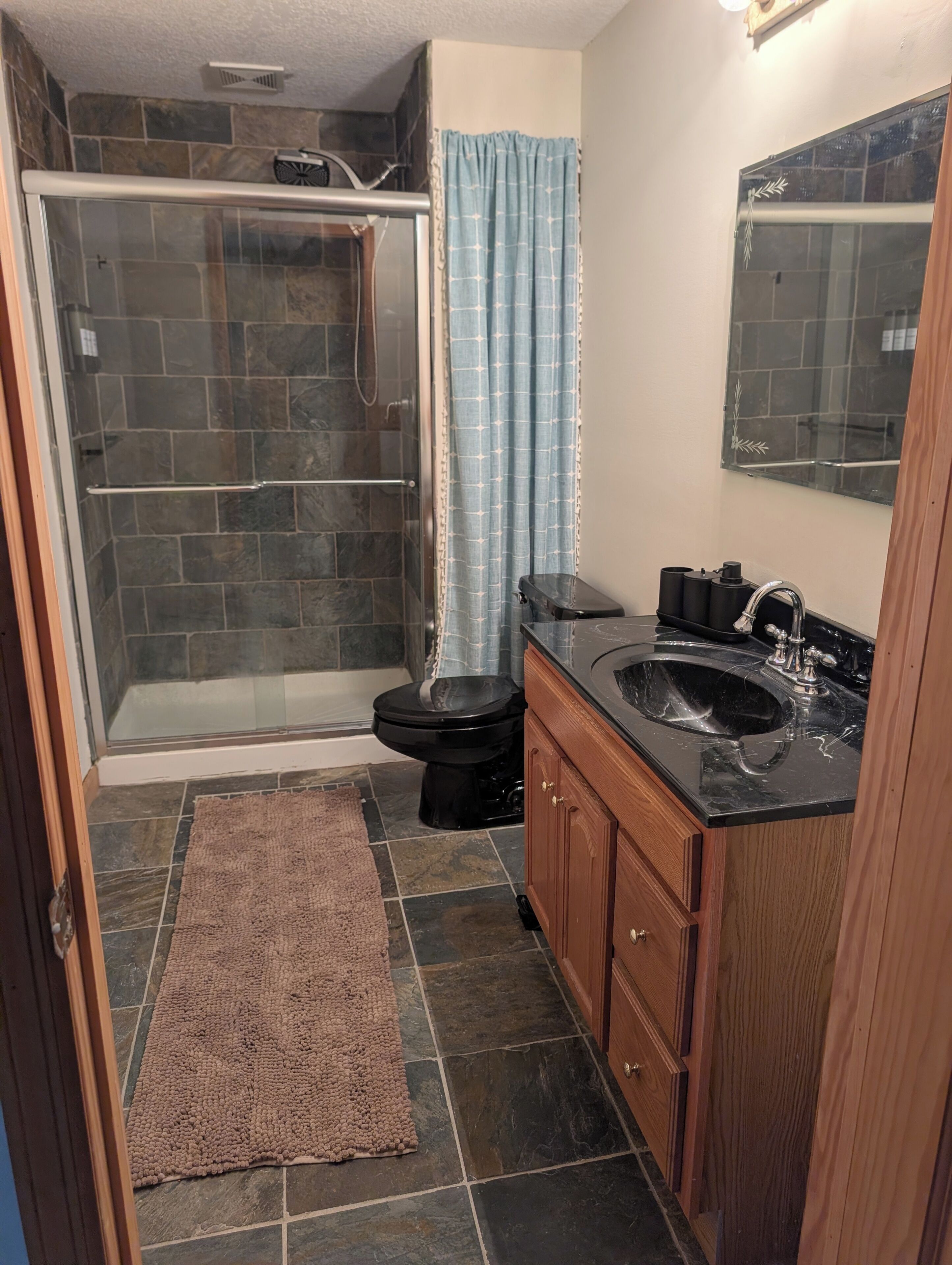 Hair dryer, towels, soap, toilet paper