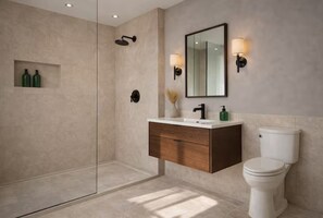 A modern bathroom with a glass-enclosed shower, a wooden vanity, a white toilet, and wall-mounted lighting. - Stylish Shoreditch Apartment – 2 Bedrooms (London)