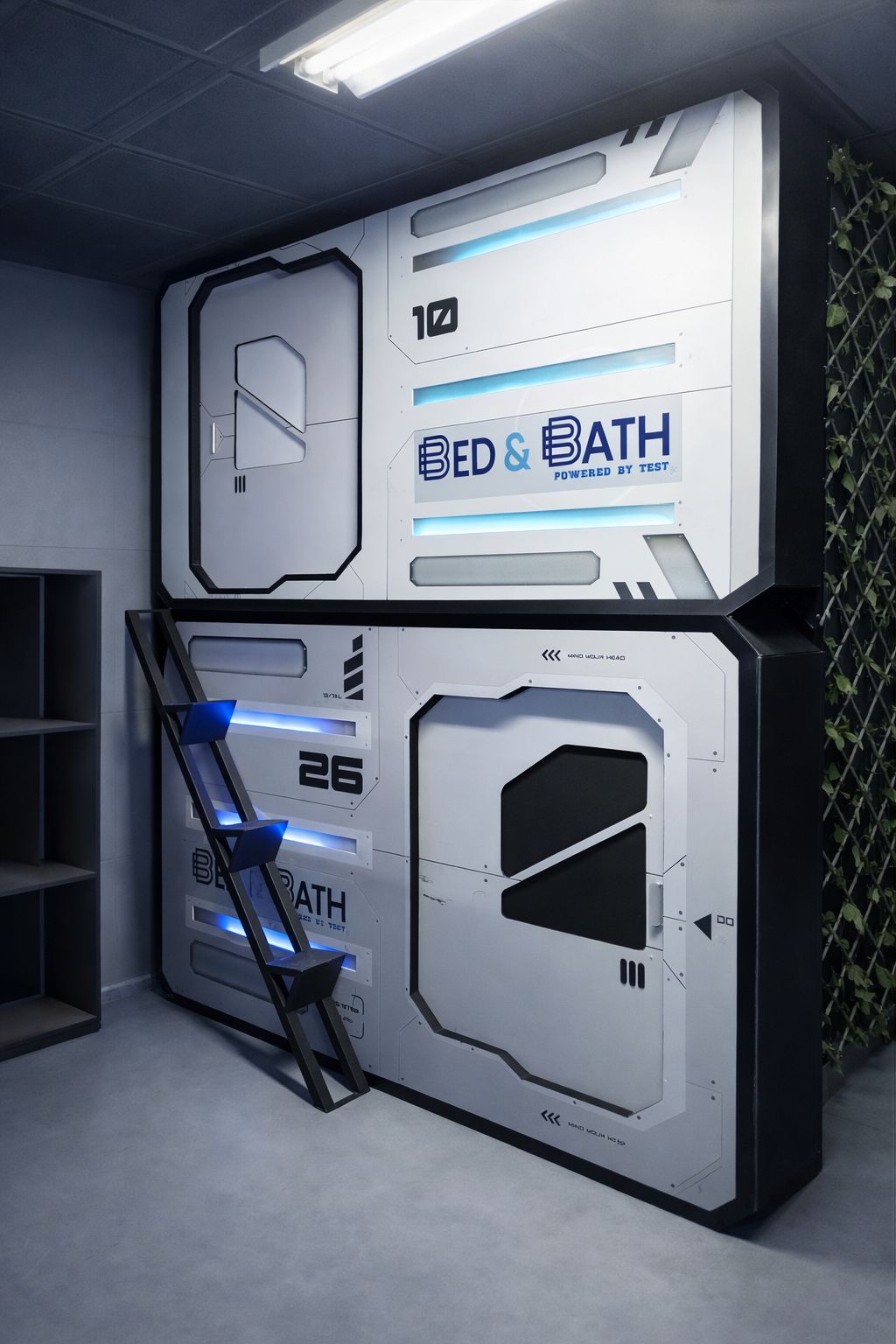 A modern, geometric-designed room with a bed and a desk area, labeled 'BED & BATH' powered by TEST.