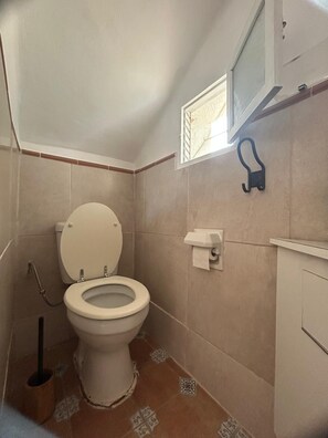 Regadera, toallas, jabón, papel de baño 
