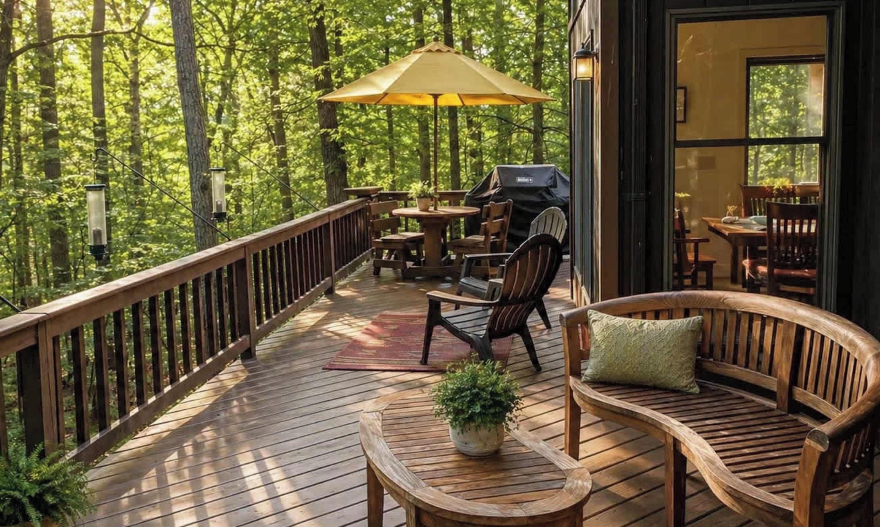 A wooden deck with outdoor furniture, a grill, and a large umbrella.