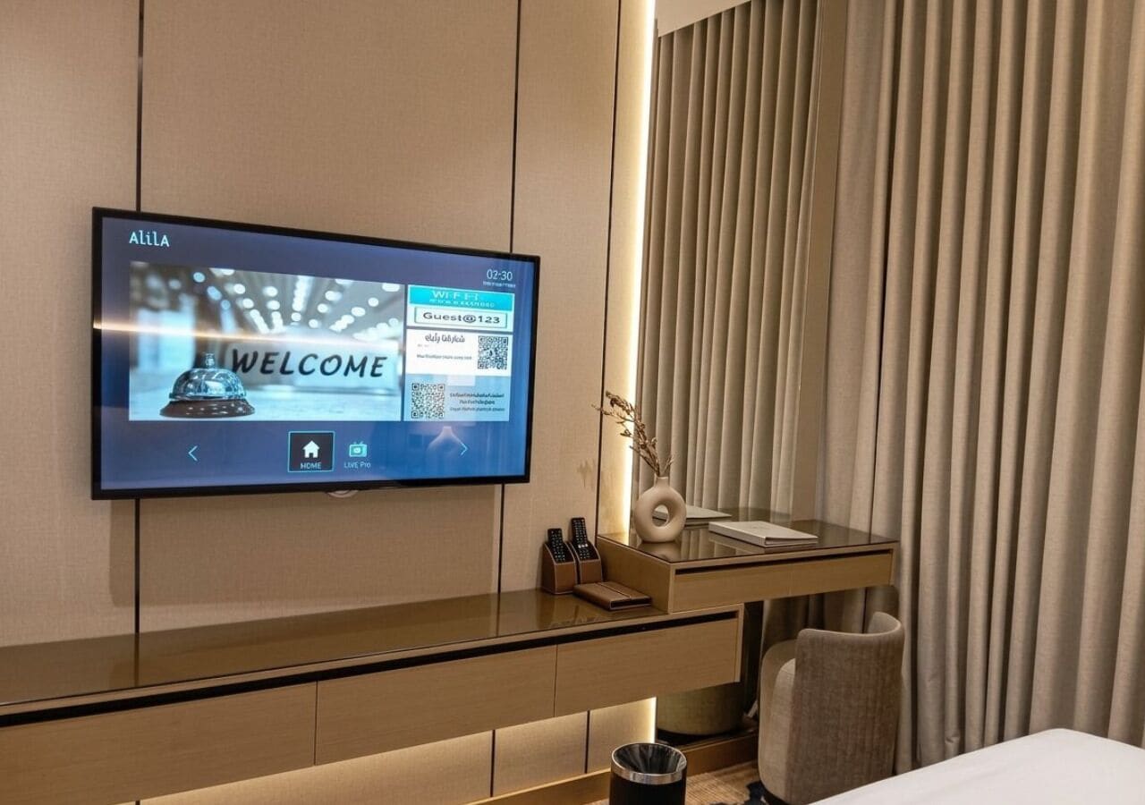 A modern hotel room with a flat-screen TV displaying a welcome screen, a desk with remote controls, a vase, and a window with curtains.