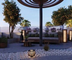Une terrasse sur le toit avec un espace salon circulaire, une table et une lampe.