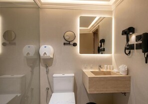 Hair dryer, slippers, towels, soap