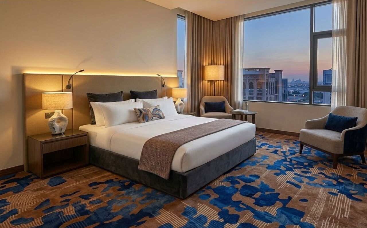 Habitación de hotel con una cama grande, dos mesitas de noche, una silla y vistas a la ciudad.