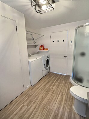 Shower, hair dryer, towels, toilet paper