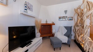 A modern living room with a flat-screen TV, a fireplace, a grey sofa, and decorative wall art. - Stella Cadente – Sea view retreat just steps from the beach (Golfo Aranci)