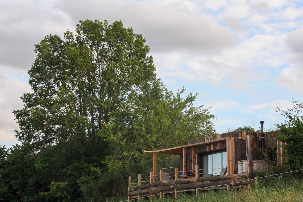 Une cabane rustique dotée d’une grande fenêtre, entourée d’arbres denses et d’une clôture en bois.