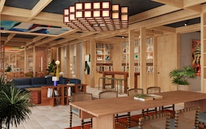 A modern interior with a wooden dining table, bookshelves, and a seating area. - Cuber House Valencia, Curio Collection By Hilton (Valencia)