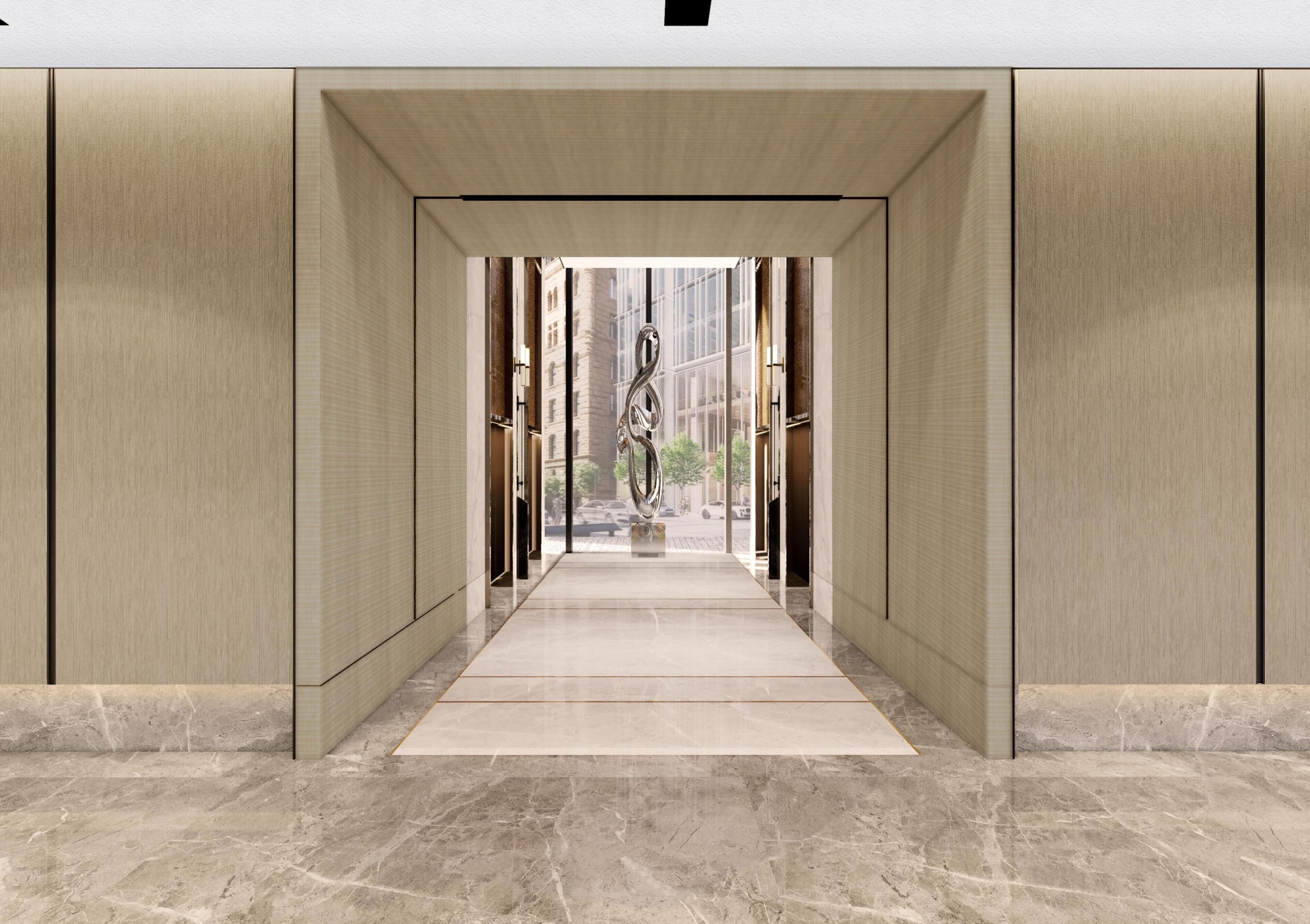 A modern hallway with a marble floor, leading to a glass door with a metal sculpture.