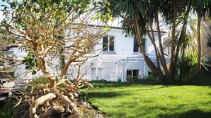 Ein weißes Gebäude mit Garten, einschließlich eines Baumes mit verdrehten Ästen und einer Palme.