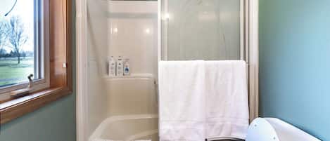 Sèche-cheveux, serviettes fournies, savon, papier toilette