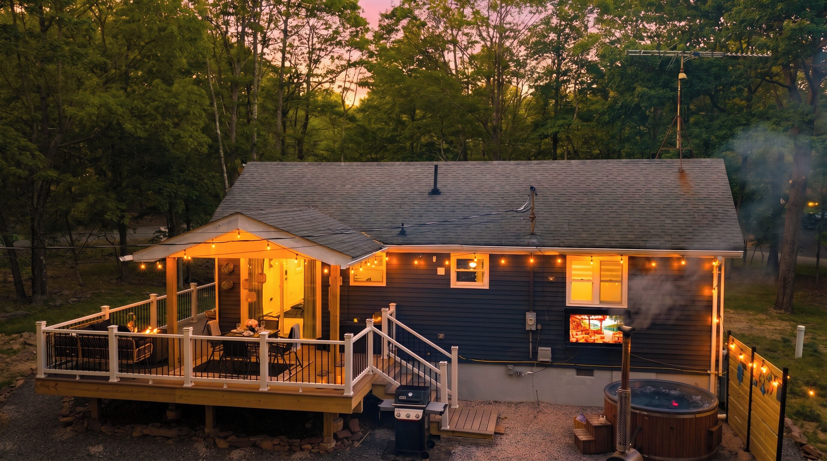 Eine Hütte mit Terrasse, Sitzgelegenheiten im Freien, Whirlpool und Grill.