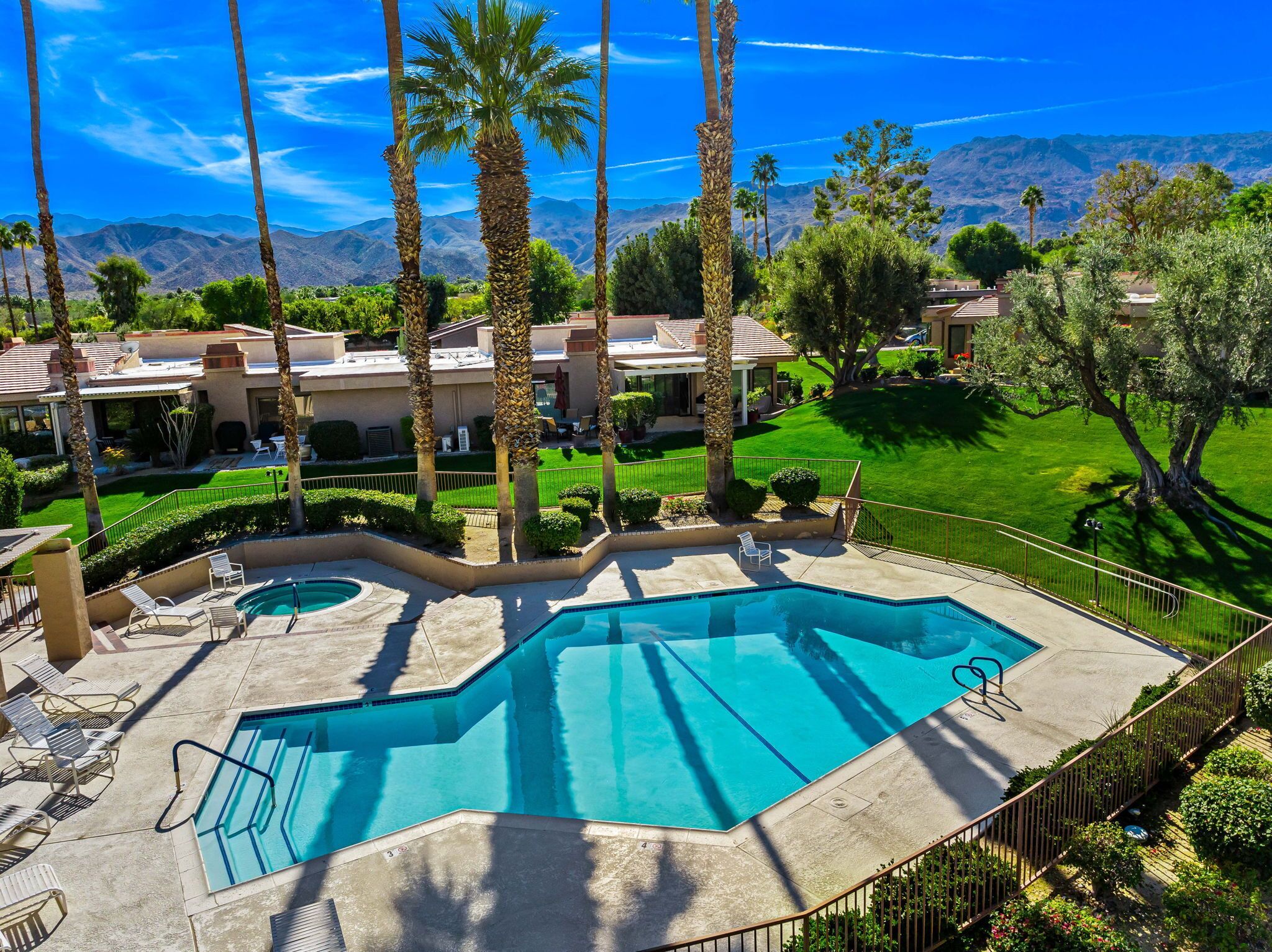A swimming pool with a view of mountains, palm trees, and a well-maintained lawn.
