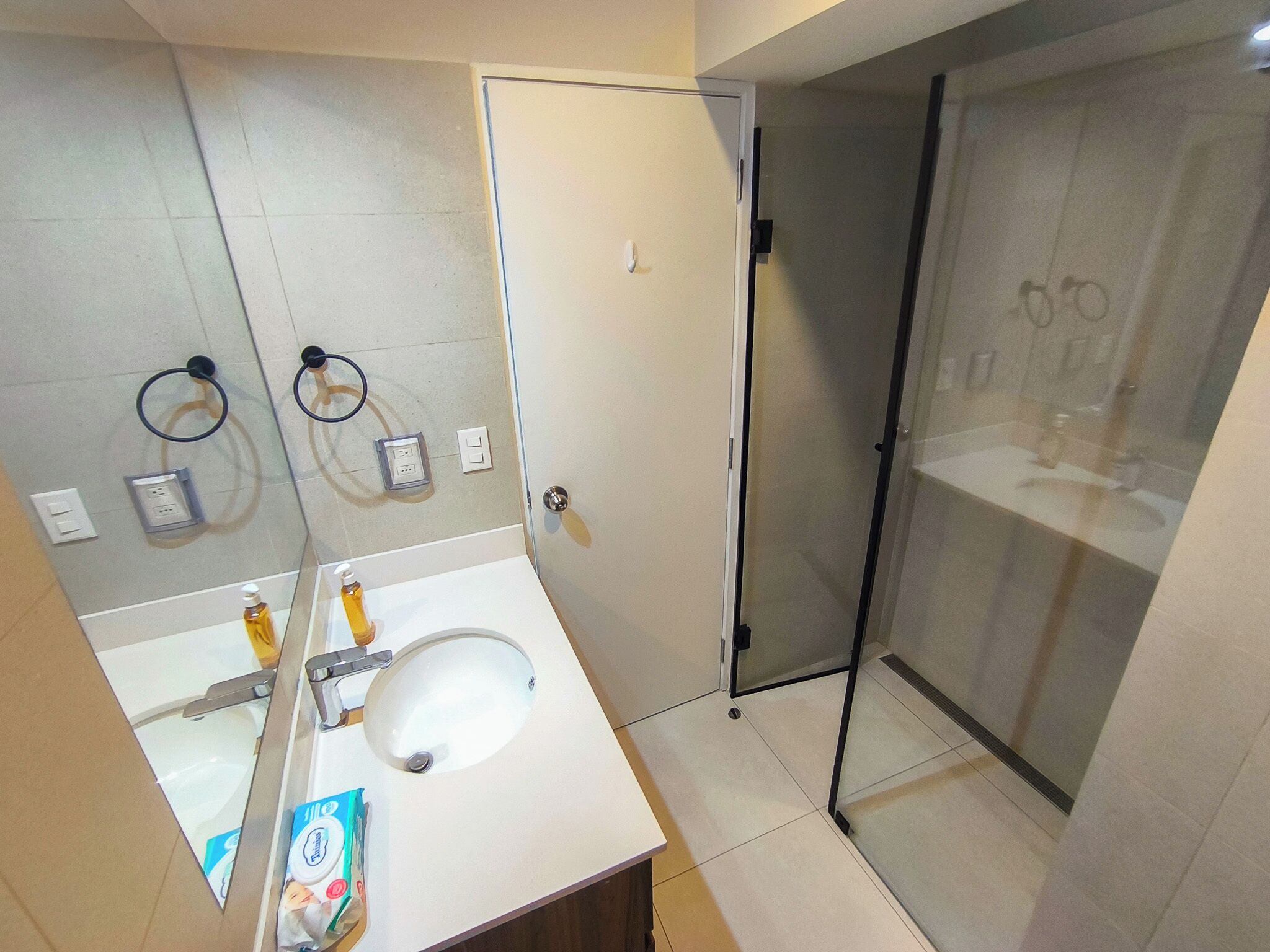 Hair dryer, towels, soap, toilet paper