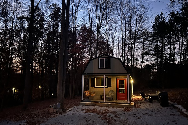 Exterior view from front at dusk
