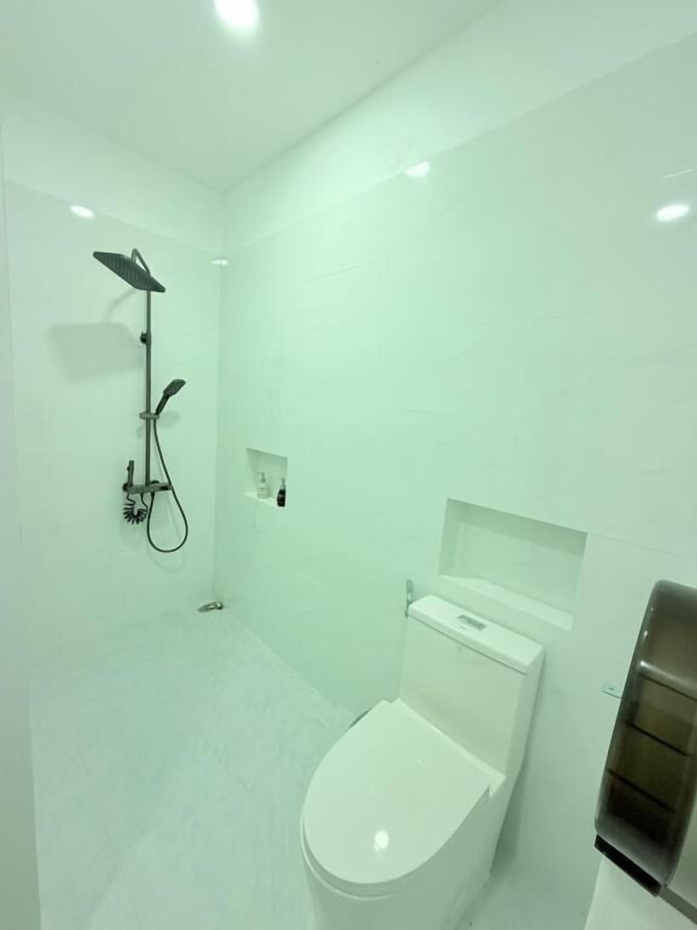 A modern bathroom with a toilet, a shower with a handheld showerhead, and a wall-mounted faucet.