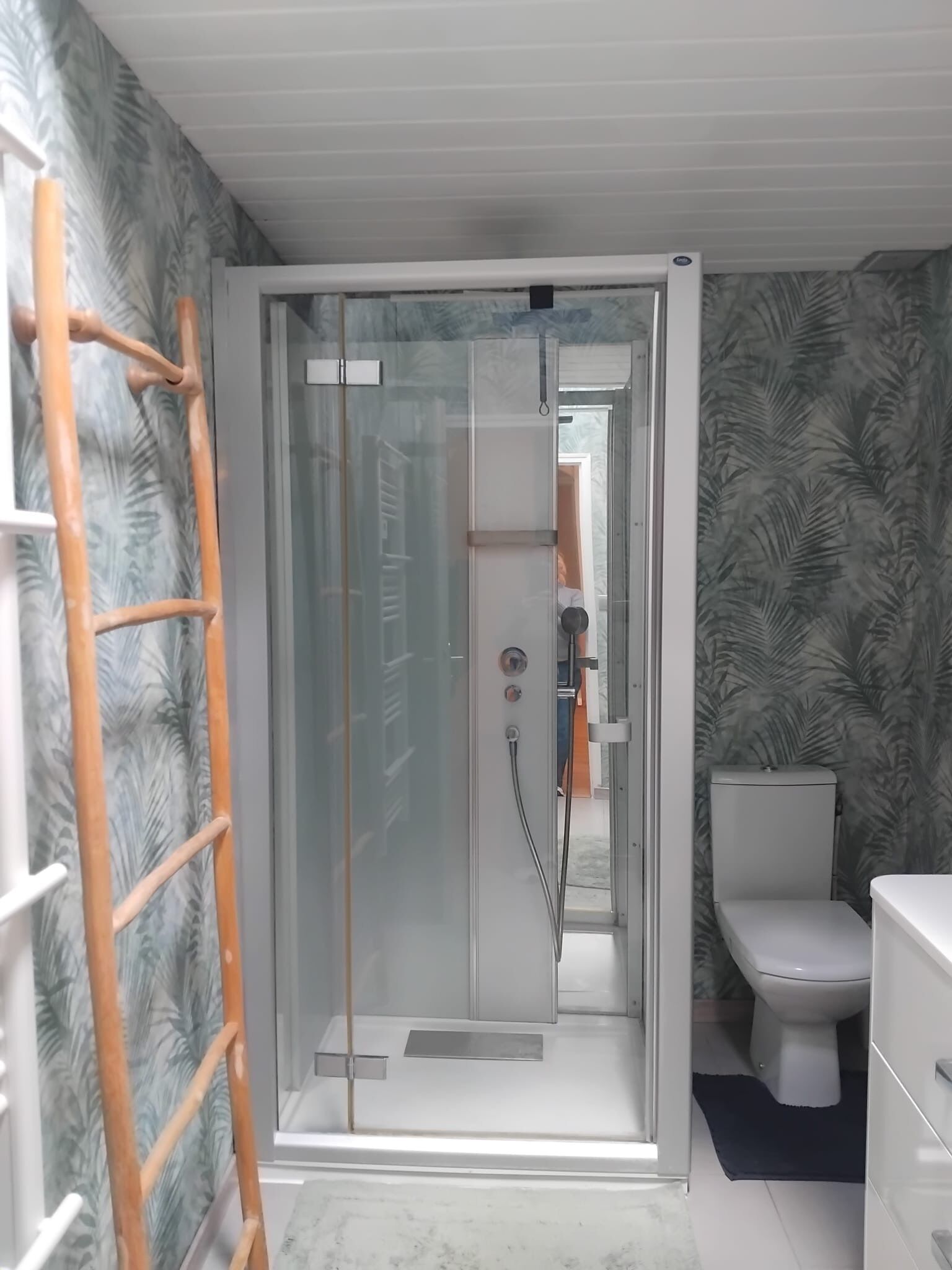 Douche, serviettes fournies, papier de toilette