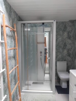 Douche, serviettes fournies, papier de toilette