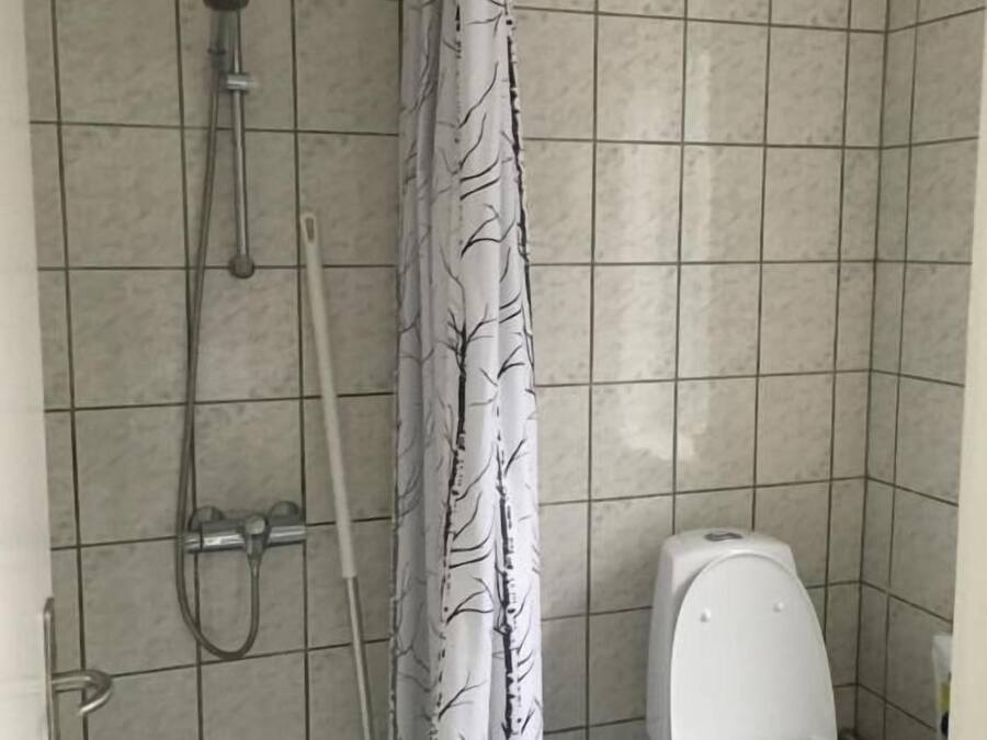 A bathroom with a shower, toilet, and a curtain with a tree pattern.