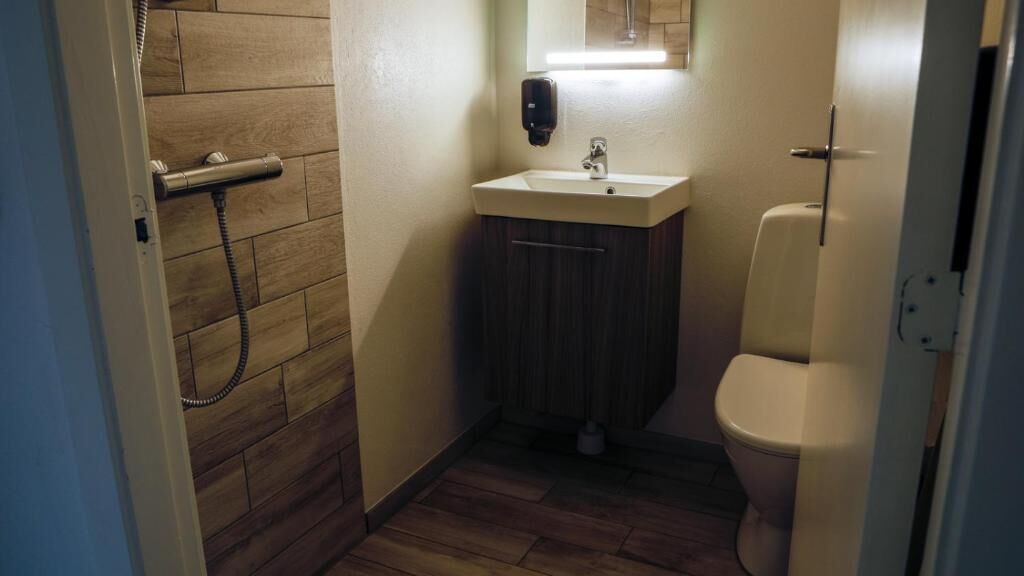 A small bathroom with a wooden floor, a white sink, a toilet, and a shower with a hose.