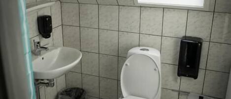 Ein kleines Badezimmer mit Oberlicht, Toilette, Waschbecken und Mülleimer.
