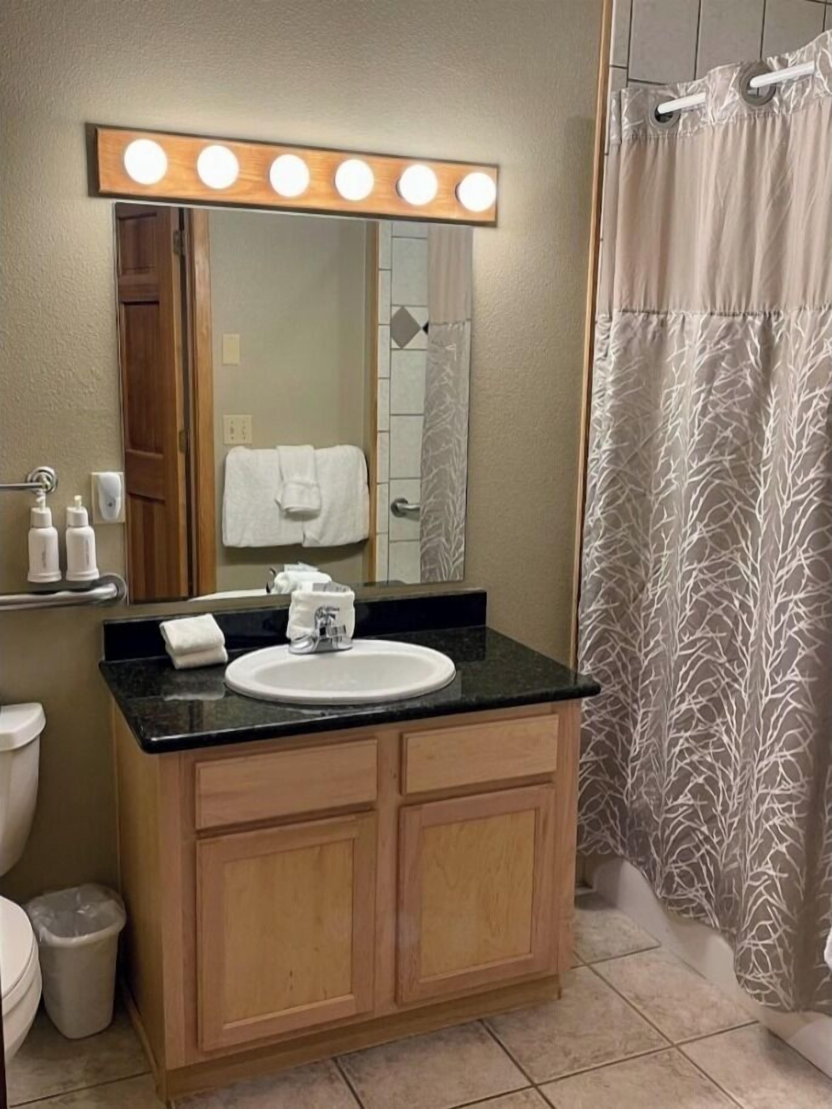 Secadora de cabello, toallas, jabón, papel de baño 