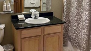 Un baño con tocador, espejo y cortina de ducha.