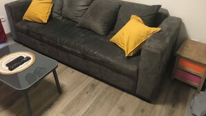 A dark grey sofa with two yellow pillows, a small round coffee table with a remote control, and a wooden side table with a pink and orange box. - Charming studio near downtown (Strasbourg)