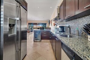 Eine moderne Küche mit Edelstahlgeräten, Granitarbeitsplatten und Blick auf die Stadt.