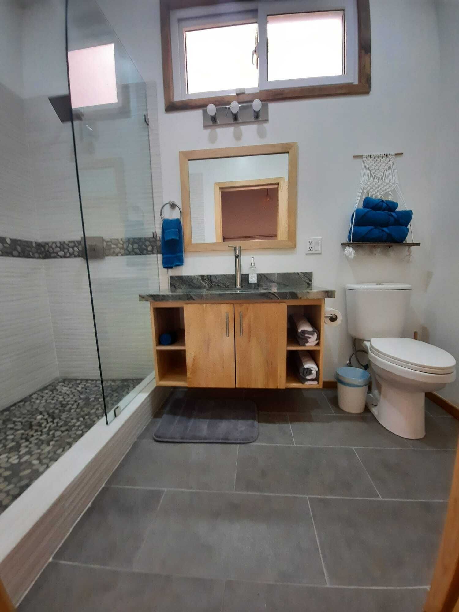 Hair dryer, towels, soap, toilet paper