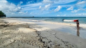 Een strand met een pier die het water in reikt, een boot aan de kust en iemand die over het strand loopt.