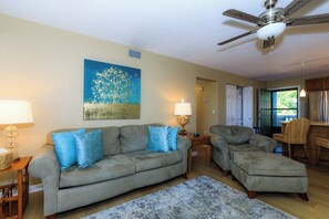 Villa, Multiple Beds, Patio, Pool View (237 SWS Dr 2A) | Living area - Lakefront Condo With Indoor Pool (Lake Ozark)