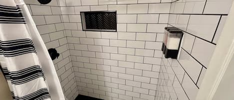 Regadera, toallas, jabón, papel de baño
